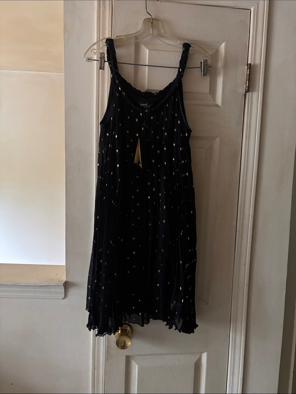 ABS Allen Schwartz Black Midi Dress with Gold Dot Accents 100% Silk Lined
